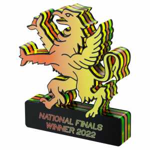 Ombre multicoloured 7 layer cut-out dragon award design in acrylic with base.