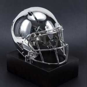 Genuine NFL helmet disassembled and metallised and mounted on a stone base.
